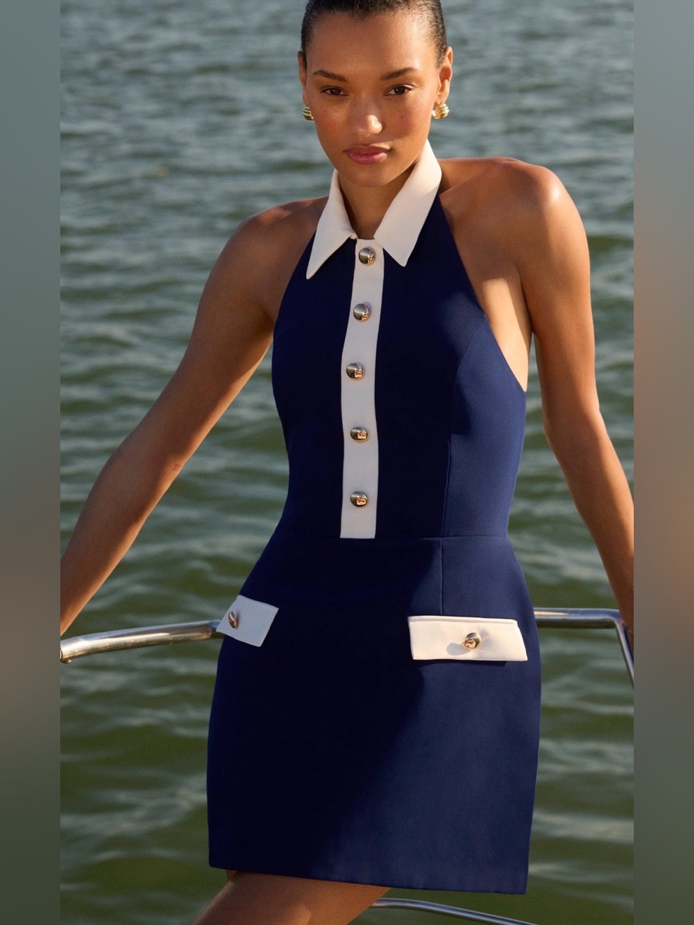 Amanda Uprichard Navy and White Halter Shift Dress